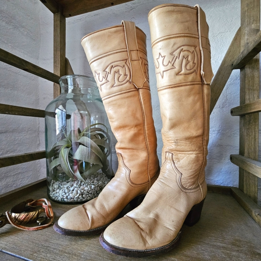 VTG Larry Mahan Tall Leather Western Boots Untouched Patina Made in Texas Sz 7